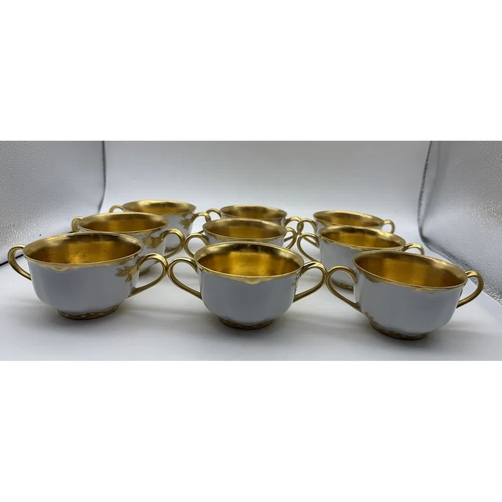 9 Antique Racine Bavaria Luxury Fine China Gold Gilded Cups Double Handle